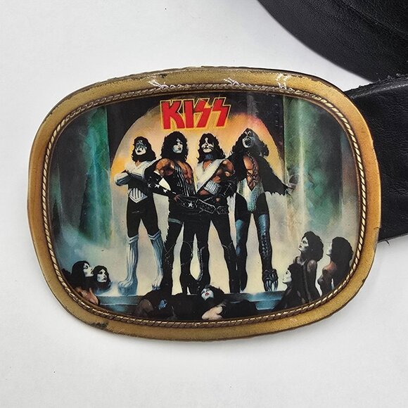 VTG KISS Love Gun Pacifica Belt Buckle w/ 42" Black Leather Brass 1977 - Picture 2 of 12